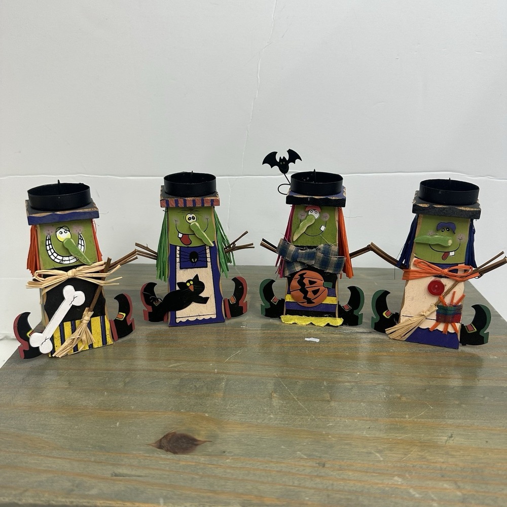 Set 4 Vintage Halloween Witch Tea Light Holder Wooden Straw Metal Handmade 5"